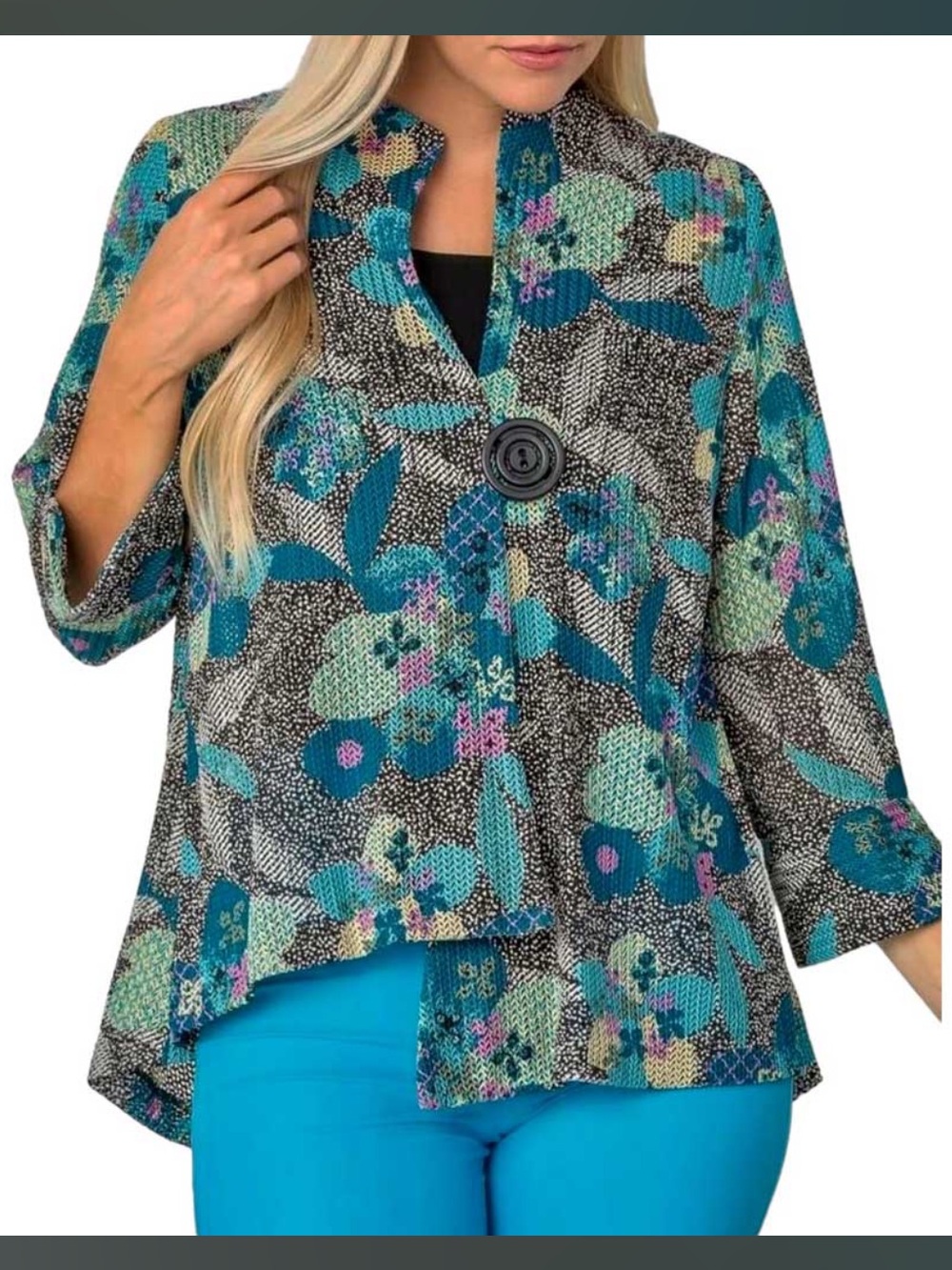 IC by Connie K Women’s Teal Floral swirl Button-Front asymmetrical L Jacket Top